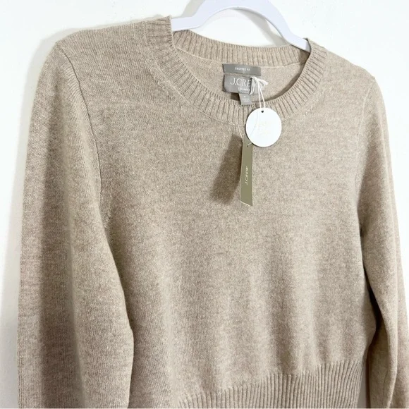 J. Crew Cashmere shrunken crewneck sweater Heather Stone Tan Size Medium NWT - Picture 9 of 10